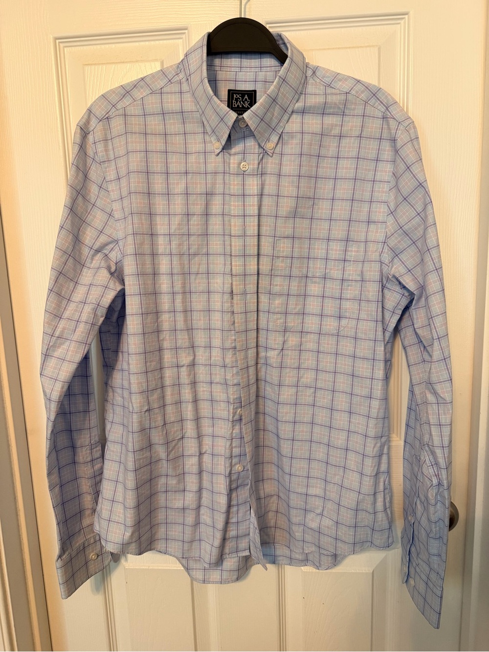 Jos. A. Bank Light Blue Plaid Button-Down Dress Shirt with Subtle Pink Lines